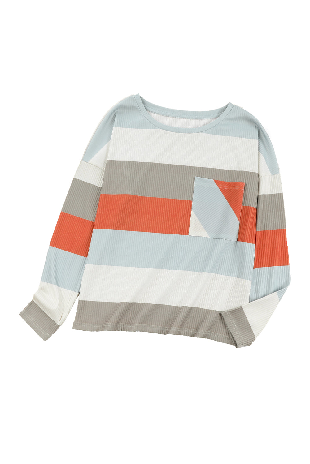 Striped Colorblock Ribbed Knit Top with Pocket