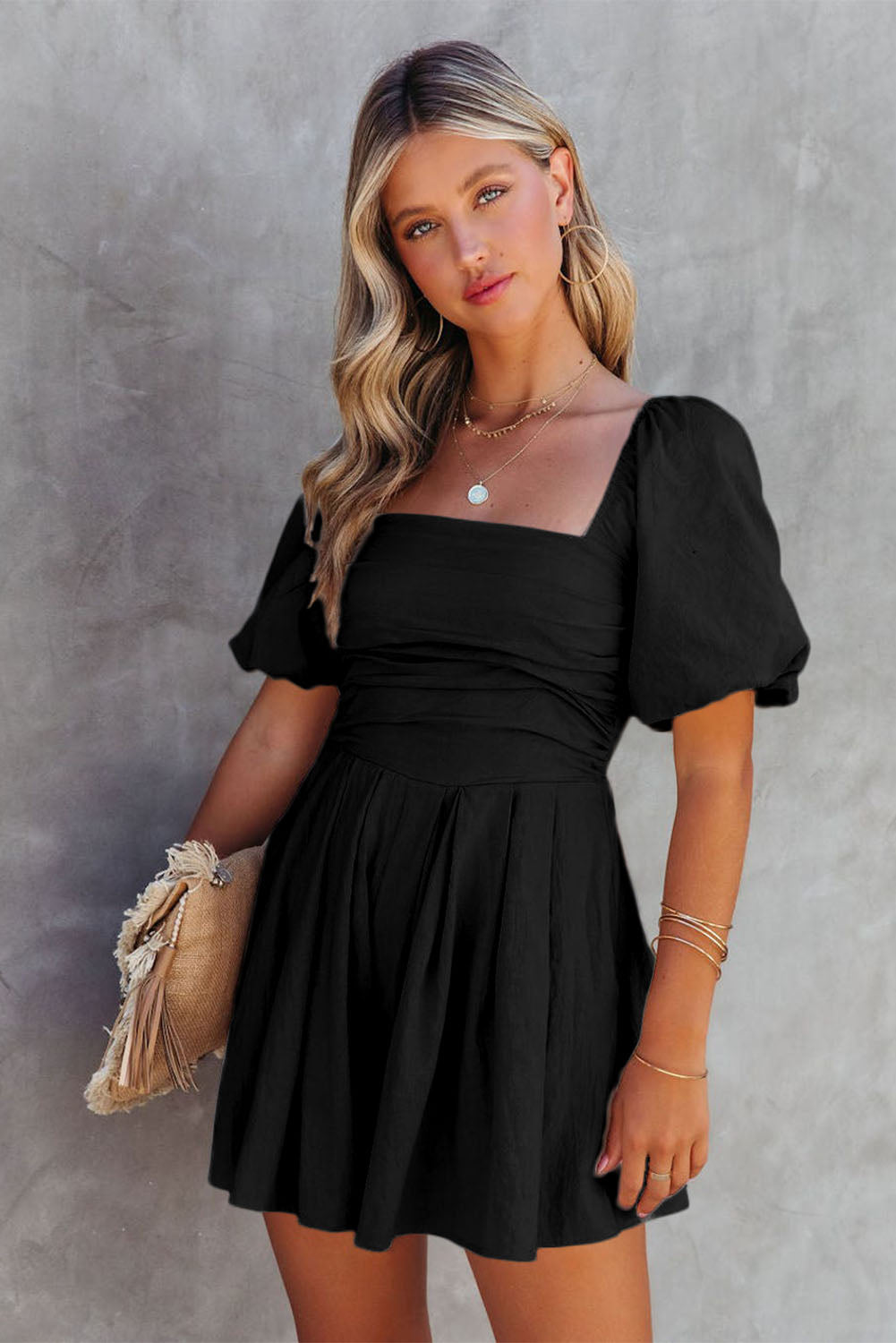 Black Square Neck Ruched Puff Sleeve Romper