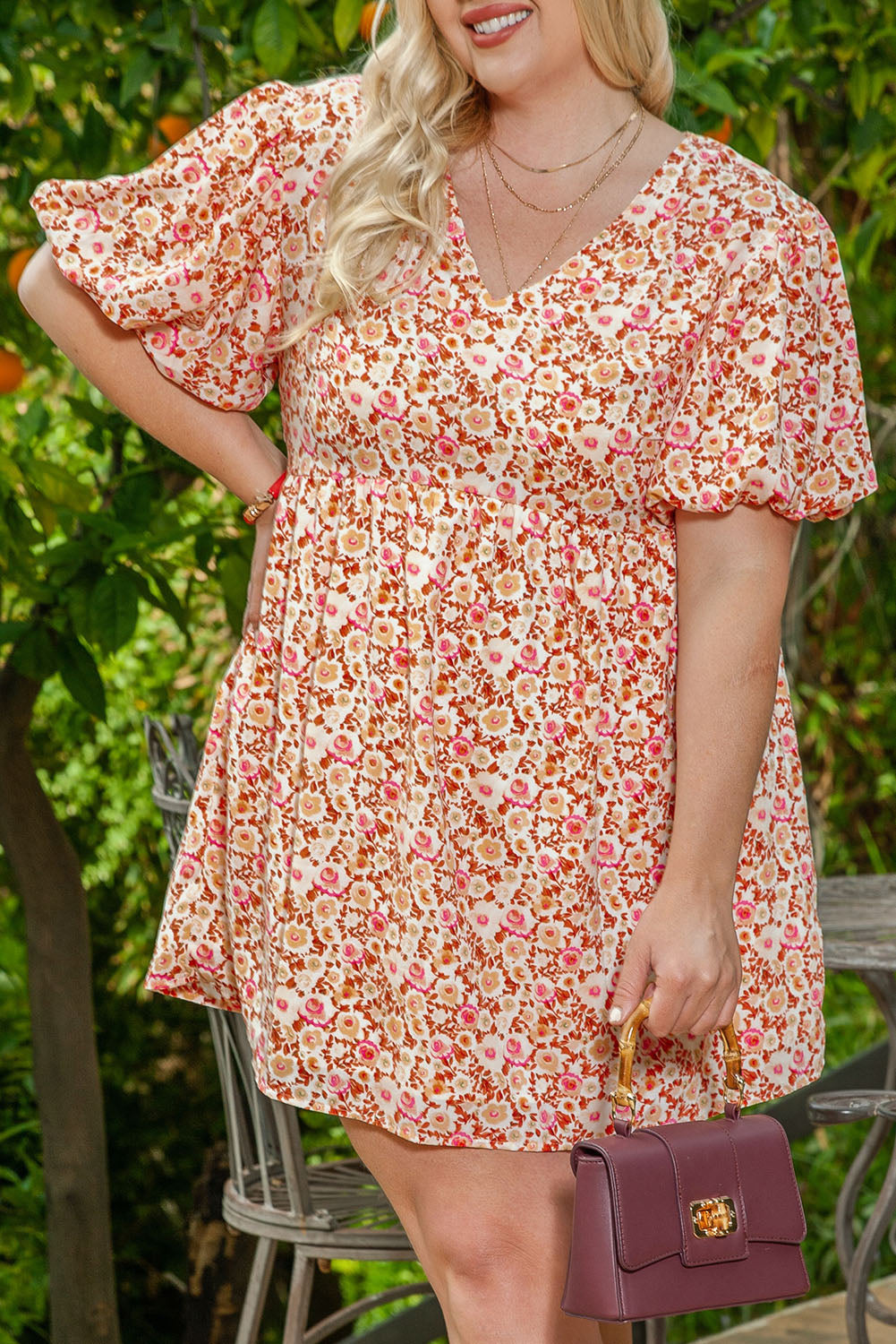 Plus Size Floral Print Puff Sleeves Dress