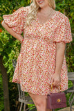 Plus Size Floral Print Puff Sleeves Dress