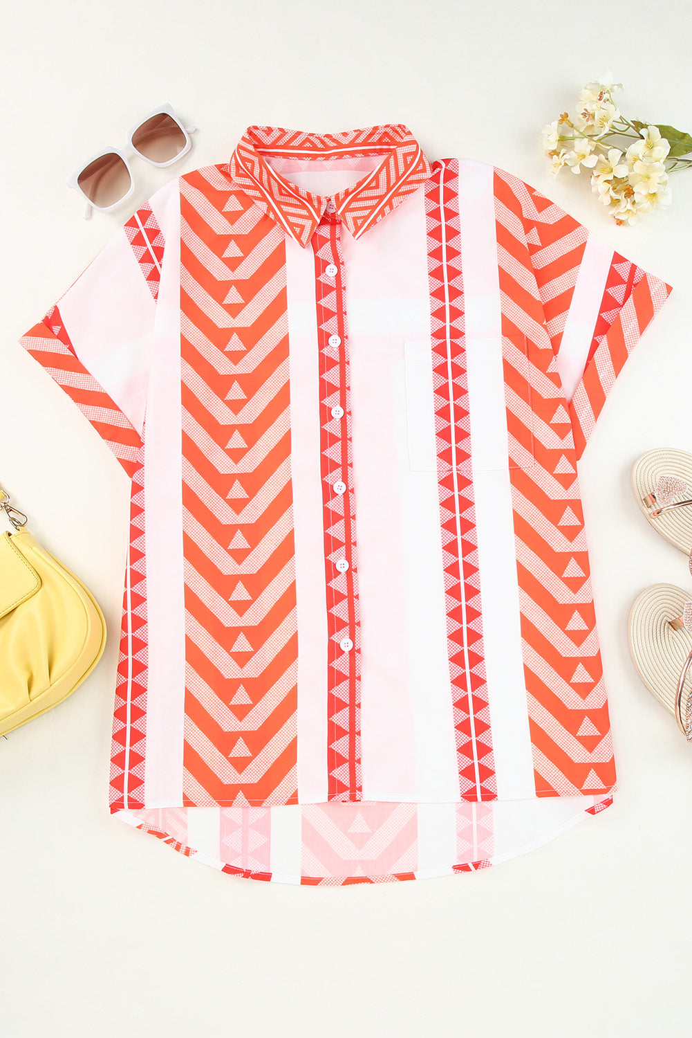 Geometric Striped Buttoned Short Sleeve Shirt