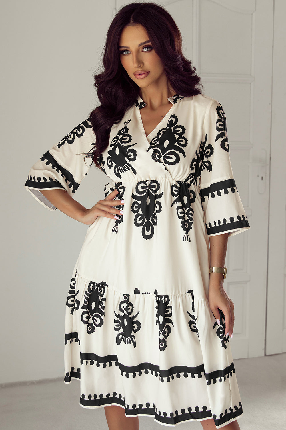 Black Western Geometric Print 3/4 Sleeve Loose Midi Dress