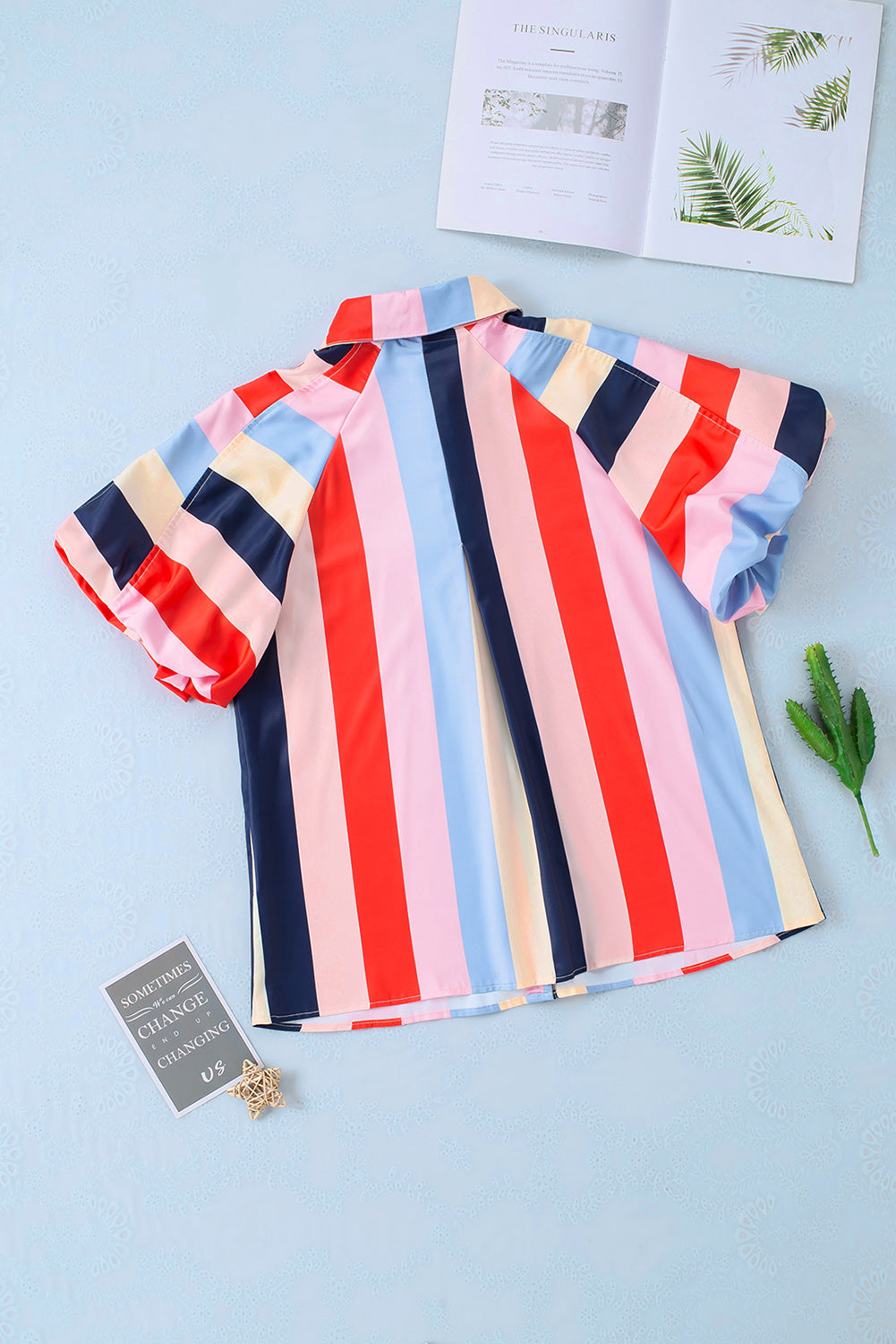 Color Block Striped Puff Sleeve Buttoned Shirt