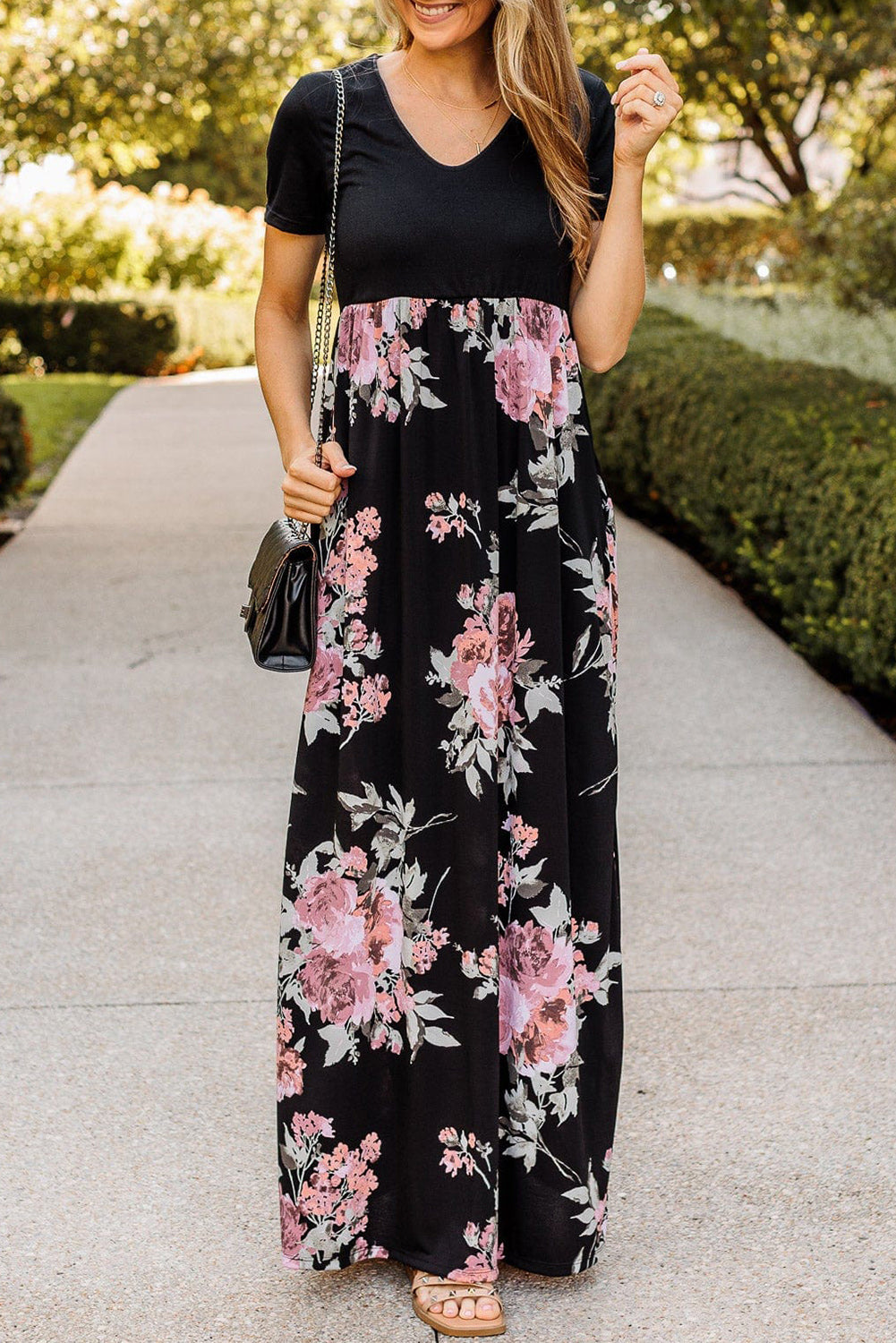 Contrast Floral Empire Waist Maxi Dress