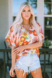 Multicolor Stand Collar Flutter Sleeves Floral Top