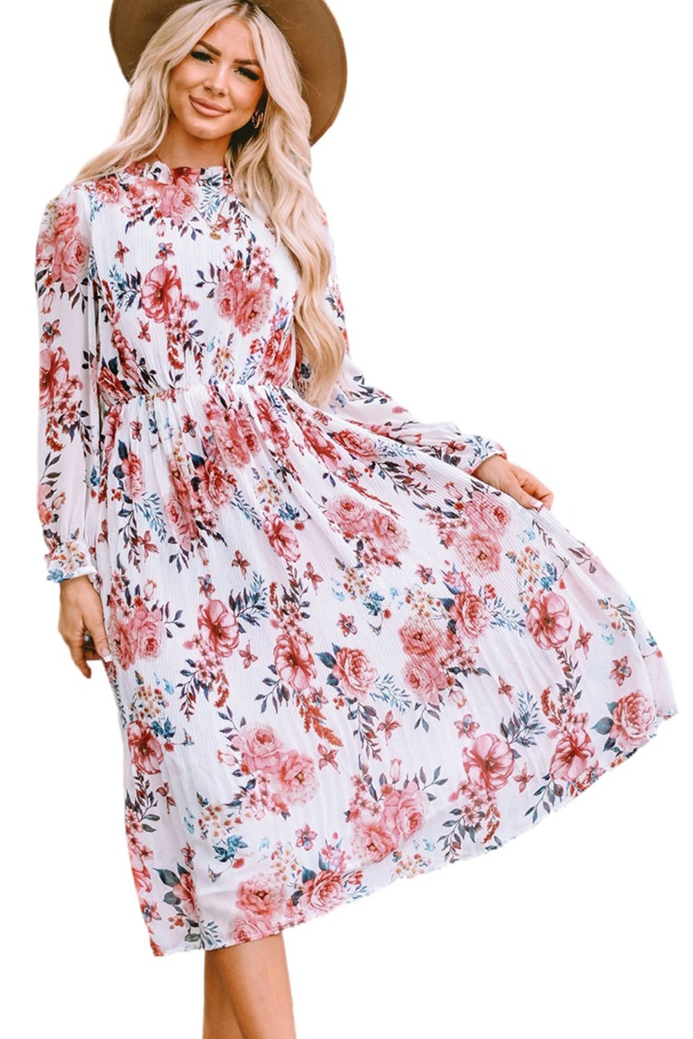 Floral Print Puffy Sleeve Ruffled Midi Dress