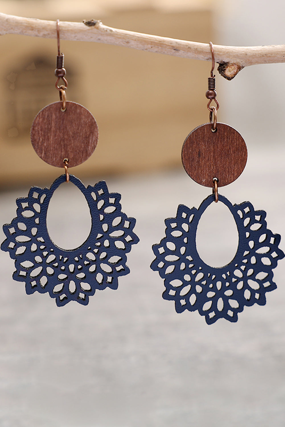 Hollowed Flower Round Wood Pendant Earrings