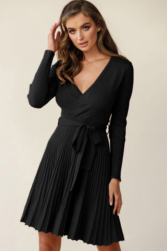 Belted V Neck Ribbed Pleated Sweater Dress