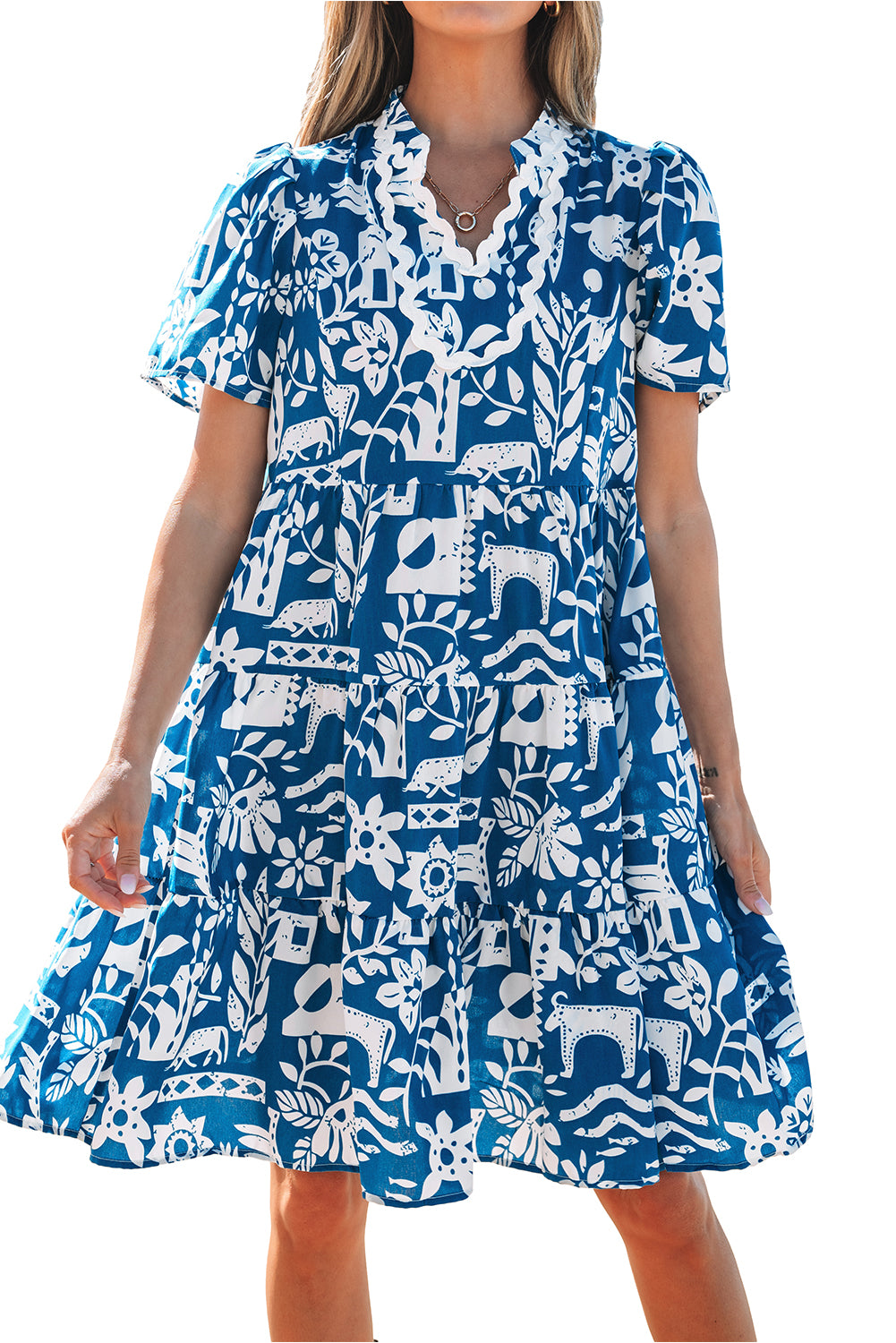 Blue Ricrac Trim Split Neck Floral Loose Dress