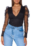 V Neck Lace Sheer Puff Sleeve Bodysuit