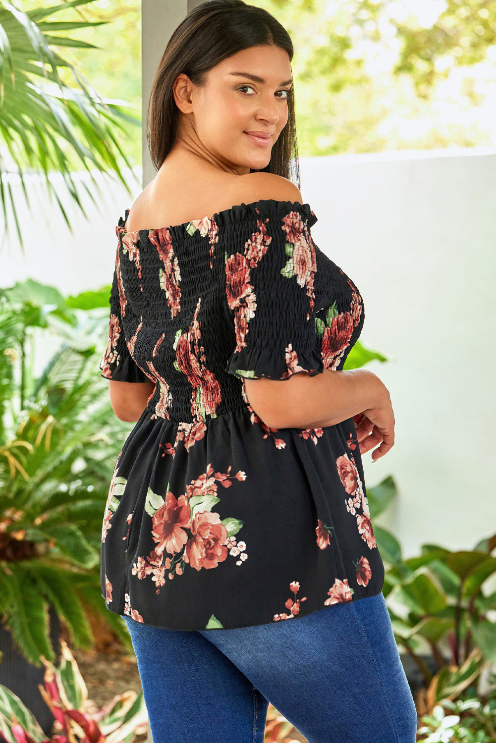 Floral Smocked Off Shoulder Plus Size Blouse