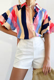 Color Block Striped Puff Sleeve Buttoned Shirt