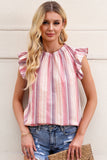 Striped Print Crew Neck Ruffle Blouse