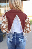 Abstract Print Sleeve Back Fringed Cropped Denim Jacket