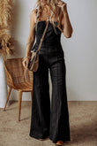 Black Seamed Zipper Spaghetti Strap High Waist Flared Jumpsuit