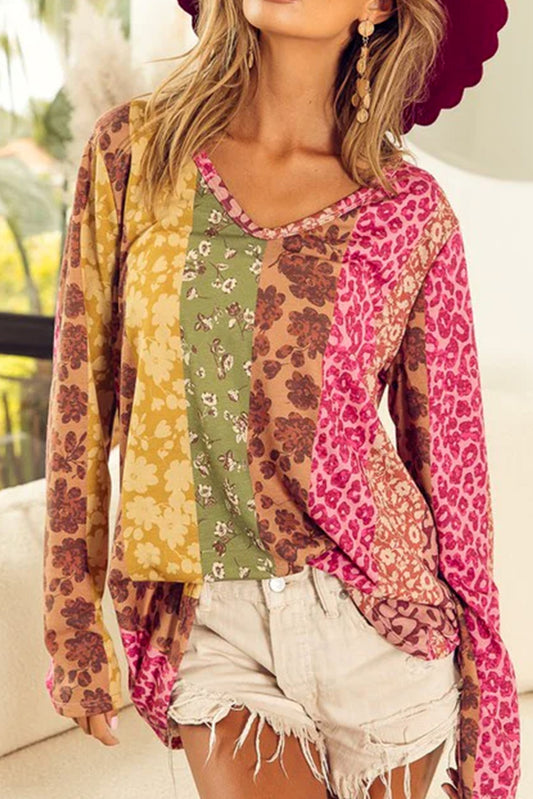 Floral Leopard Mixed Print V Neck Long Sleeve Tee