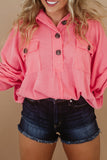 Pink Plus Size Ribbed Pocketed Long Sleeve Henley Top