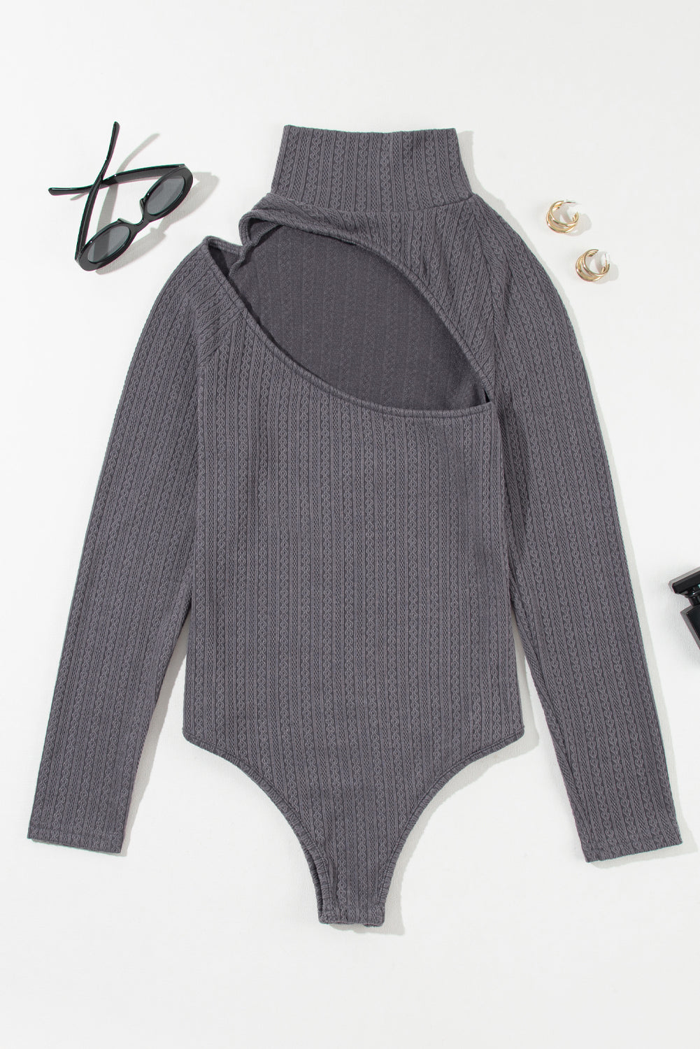 Gray Cut Out Mock Neck Long Sleeve Bodysuit