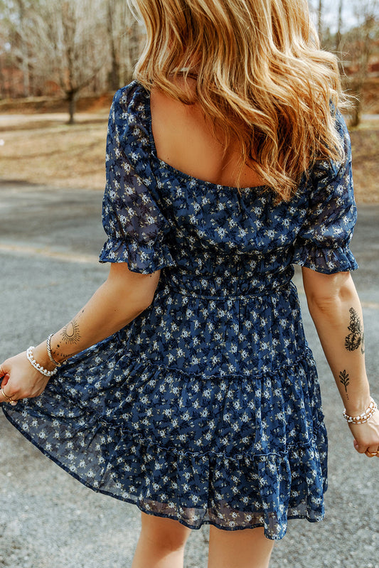 Sail Blue Floral Smocked Tiered Ruffle Short Dress