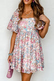 Pink Floral Puff Sleeve Square Neck Smock Ruffled Dress