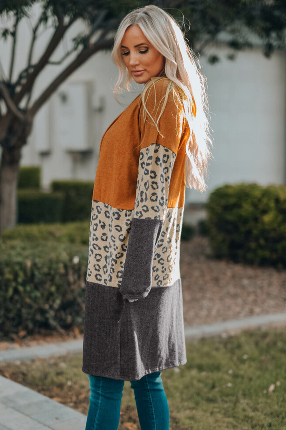 Cardigan en tricot patchwork à imprimé léopard color block orange