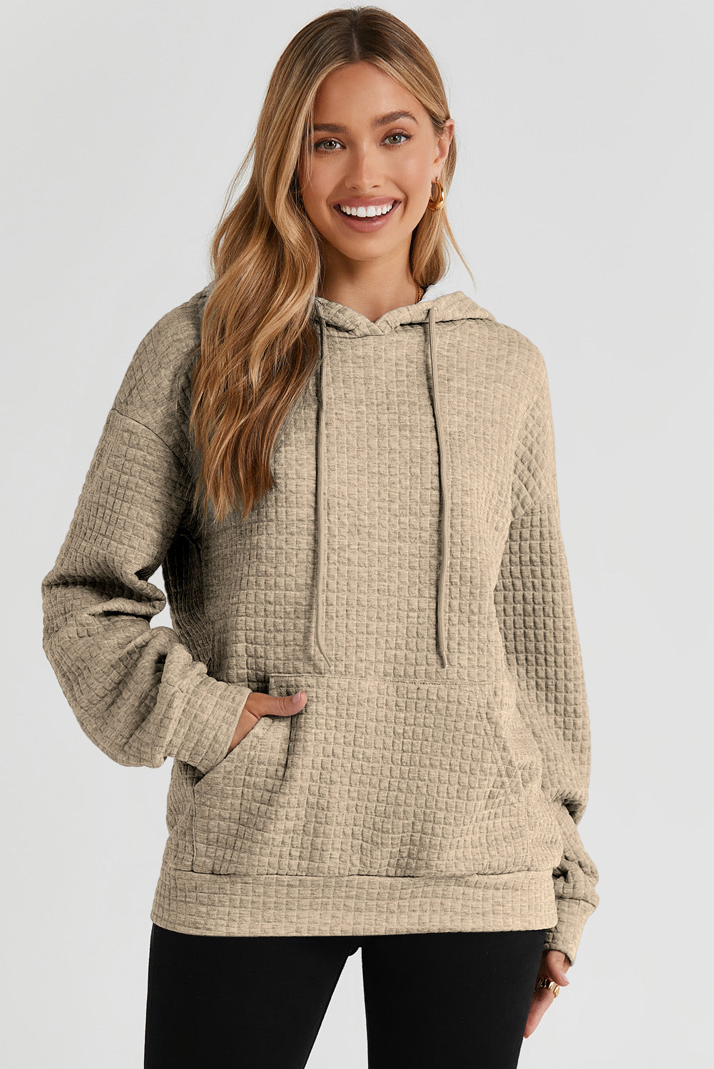 Khaki Quilted Kangaroo Pocket Drawstring Hoodie