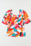 Square Neck Abstract Print Short Sleeve Blouse