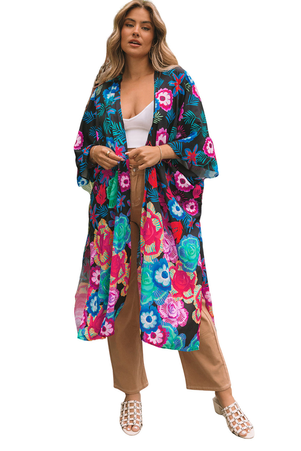 Kimono multicolore bohème imprimé floral à manches mi-longues ouvert sur le devant 