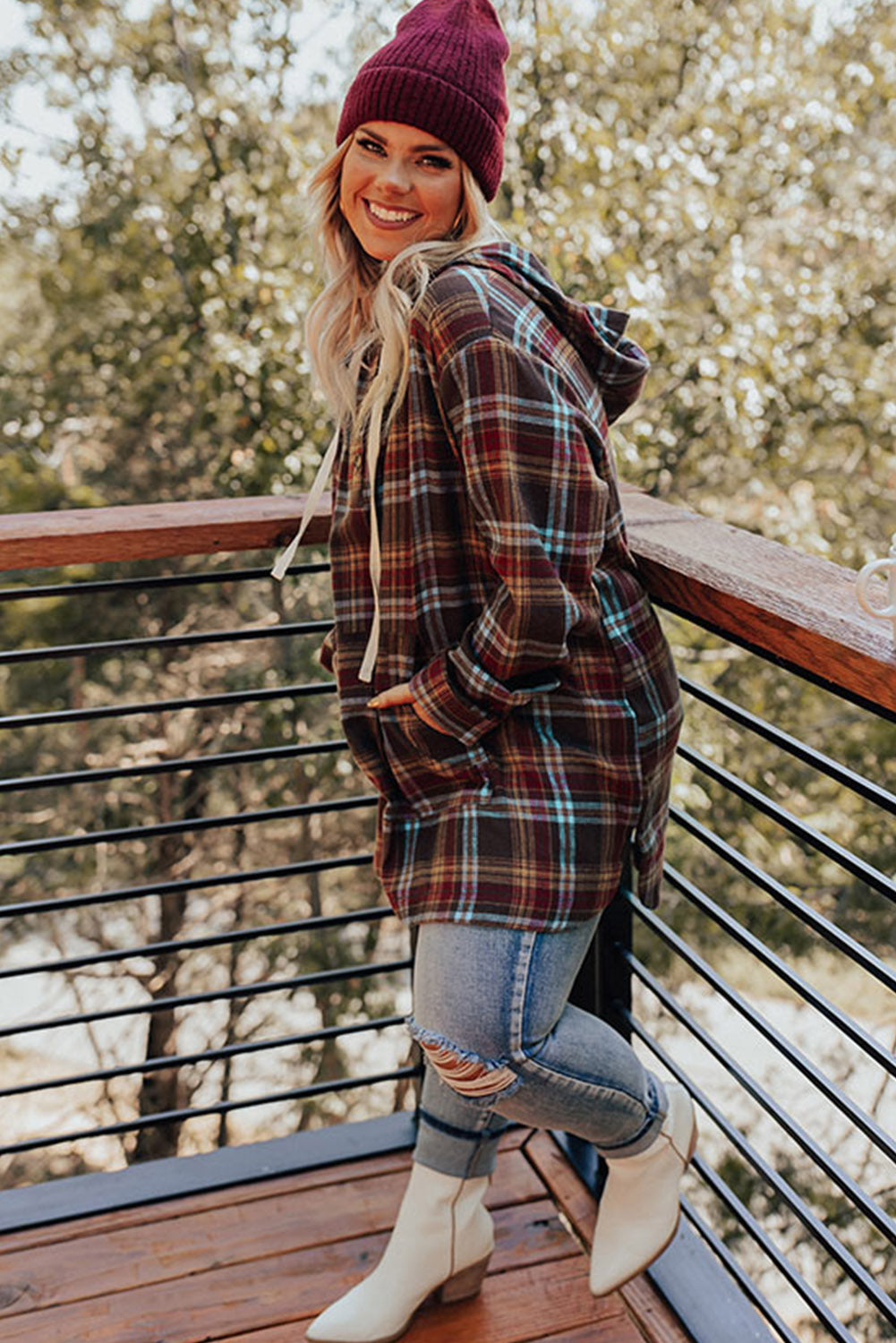 Plus Size Plaid Kangaroo Pocket Drawstring Hoodie