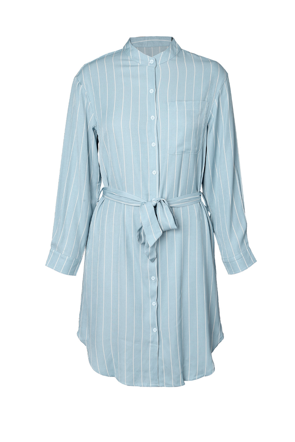 Robe chemise mi-longue à rayures bleu ciel avec ceinture