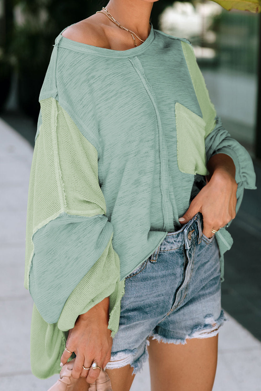 Green Exposed Seam Chest Pocket Loose Sleeve Oversized Top