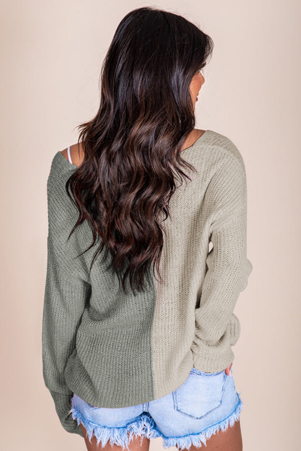 Khaki Long Sleeve V-Neck Colorblock Sweater