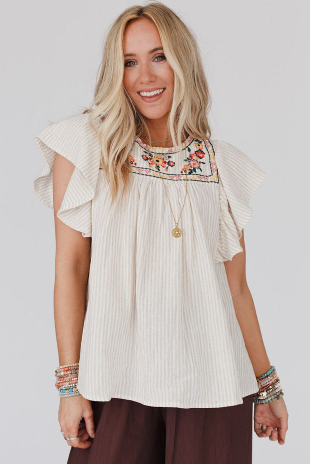 Stripe Ruffled Sleeve Embroidered Blouse