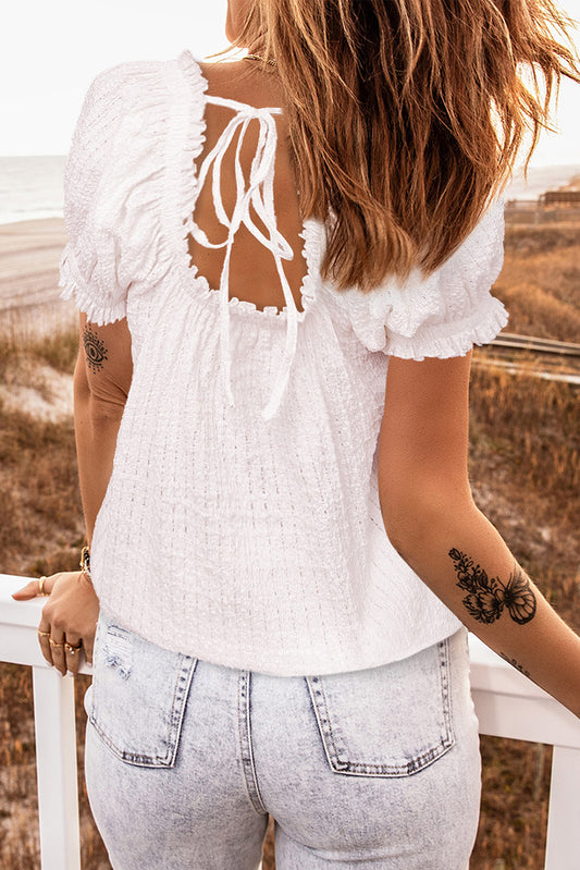 Lace Crochet Lace-up Open Back Puff Sleeve Top