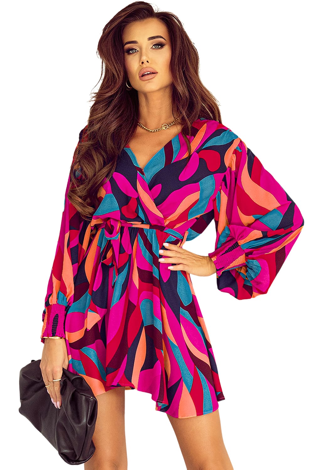 Abstract Printed Belted Puff Sleeve Mini Dress