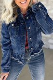 Navy Blue Ruffle Raw Hem Flap Pockets Denim Jacket