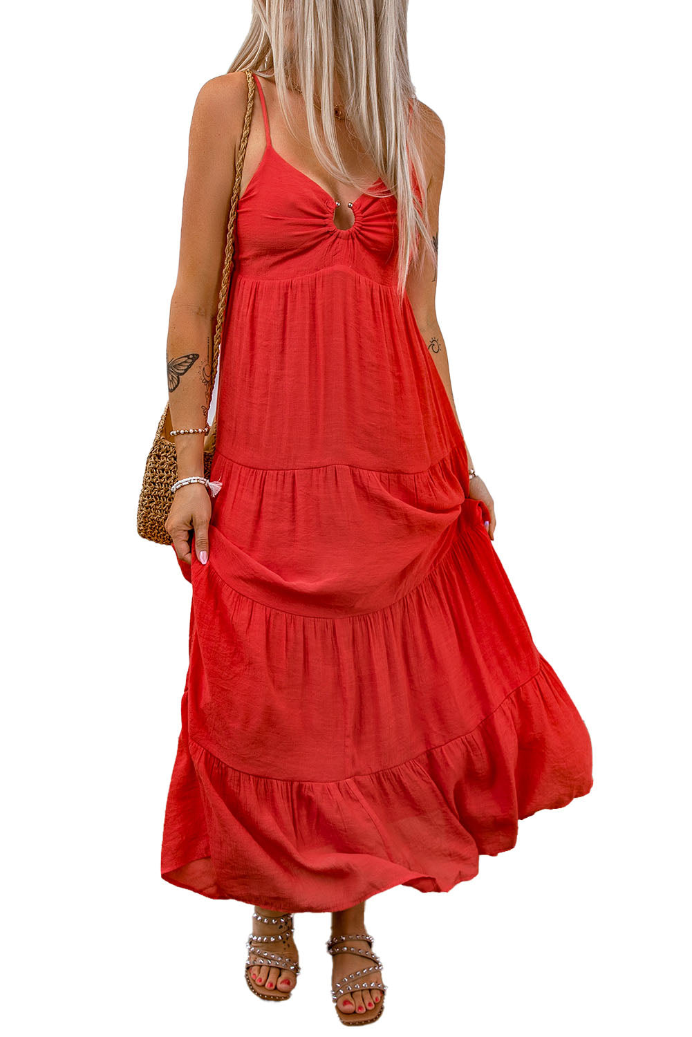 O-ring Smocked Back Spaghetti Straps Tiered Maxi Dress