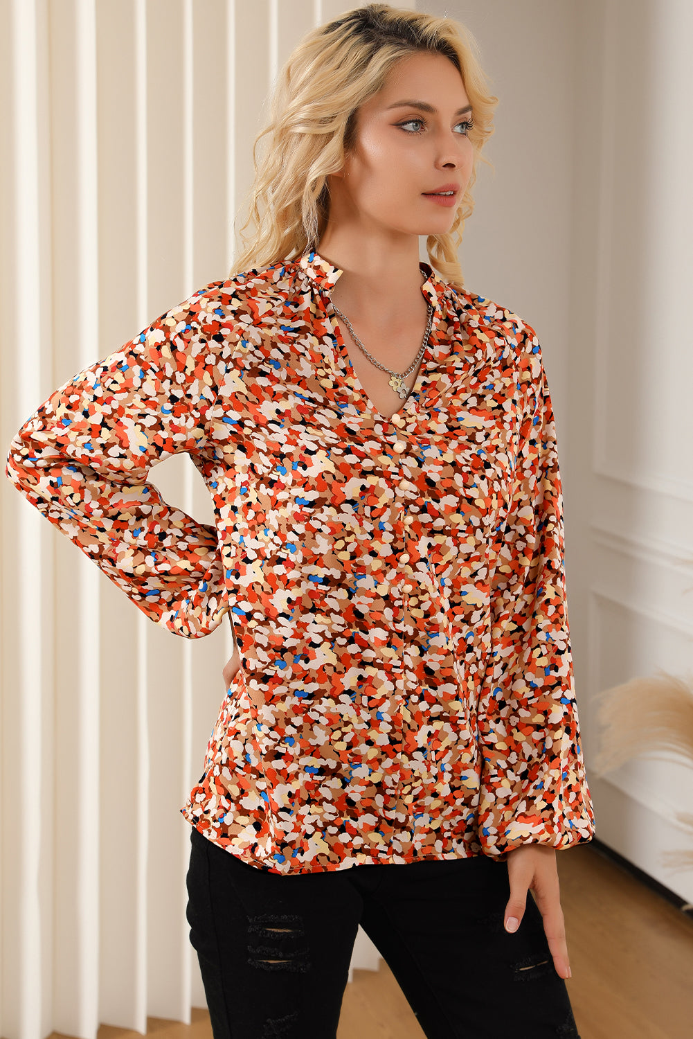 Allover Print Split V Neck Bishop Sleeve Blouse