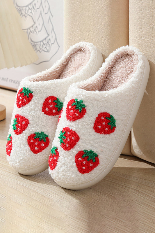 Chaussons de maison à motif de fraise floue, blanc brillant, mignons