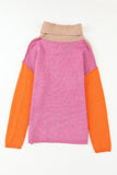 Khaki Color Block Turtle Neck Drop Shoulder Knit Sweater