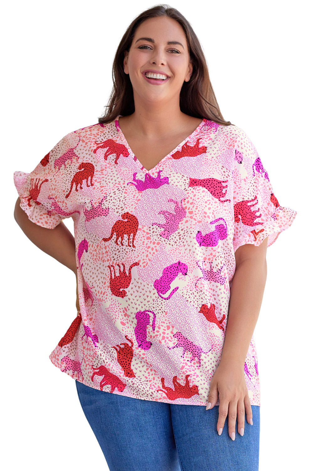 Plus Size Jaguar Print Ruffled Short Sleeves Top