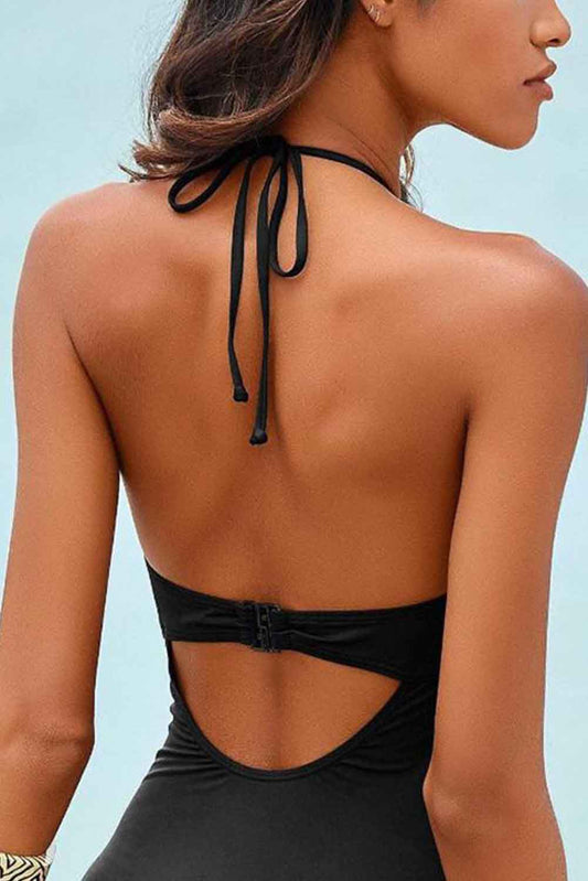 Hollow Out Beaded Halter Neck One-piece Swimsuit