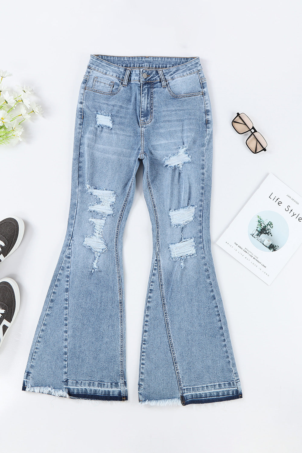 Light Wash Distressed High Rise Flare Jeans