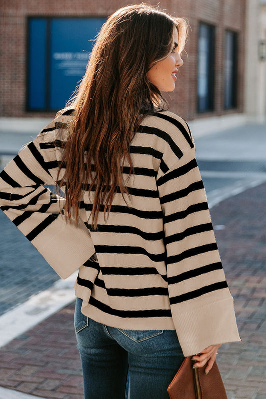 Striped Mock Neck Bell Sleeve Knit Sweater