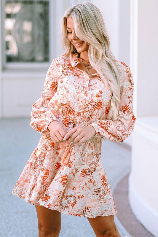 Bubble Sleeve Cinched Waist Floral Dress