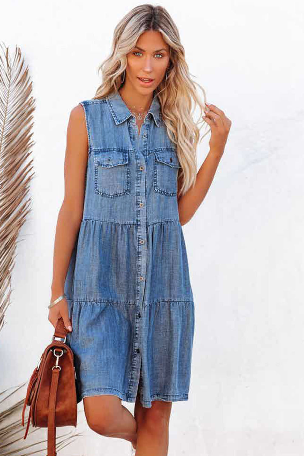 Flap Pockets Button up Sleeveless Denim Dress