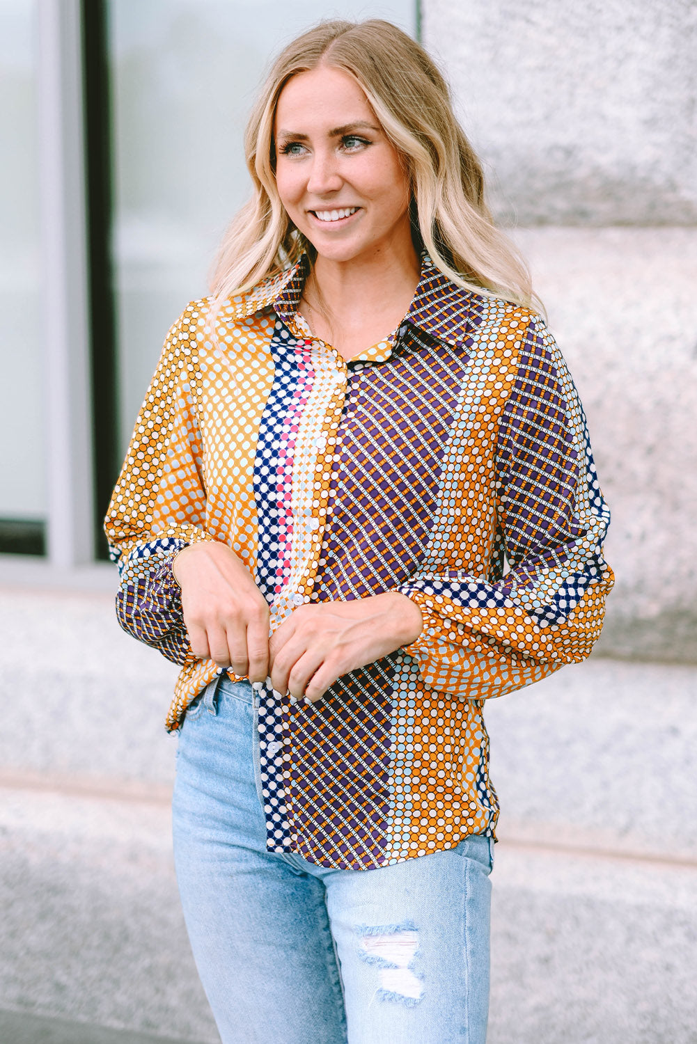 Dot Print Long Sleeve Button Down Shift Shirt