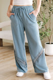 Dusk Blue Lace Crochet Patched Lace-up High Waist Wide Leg Pants