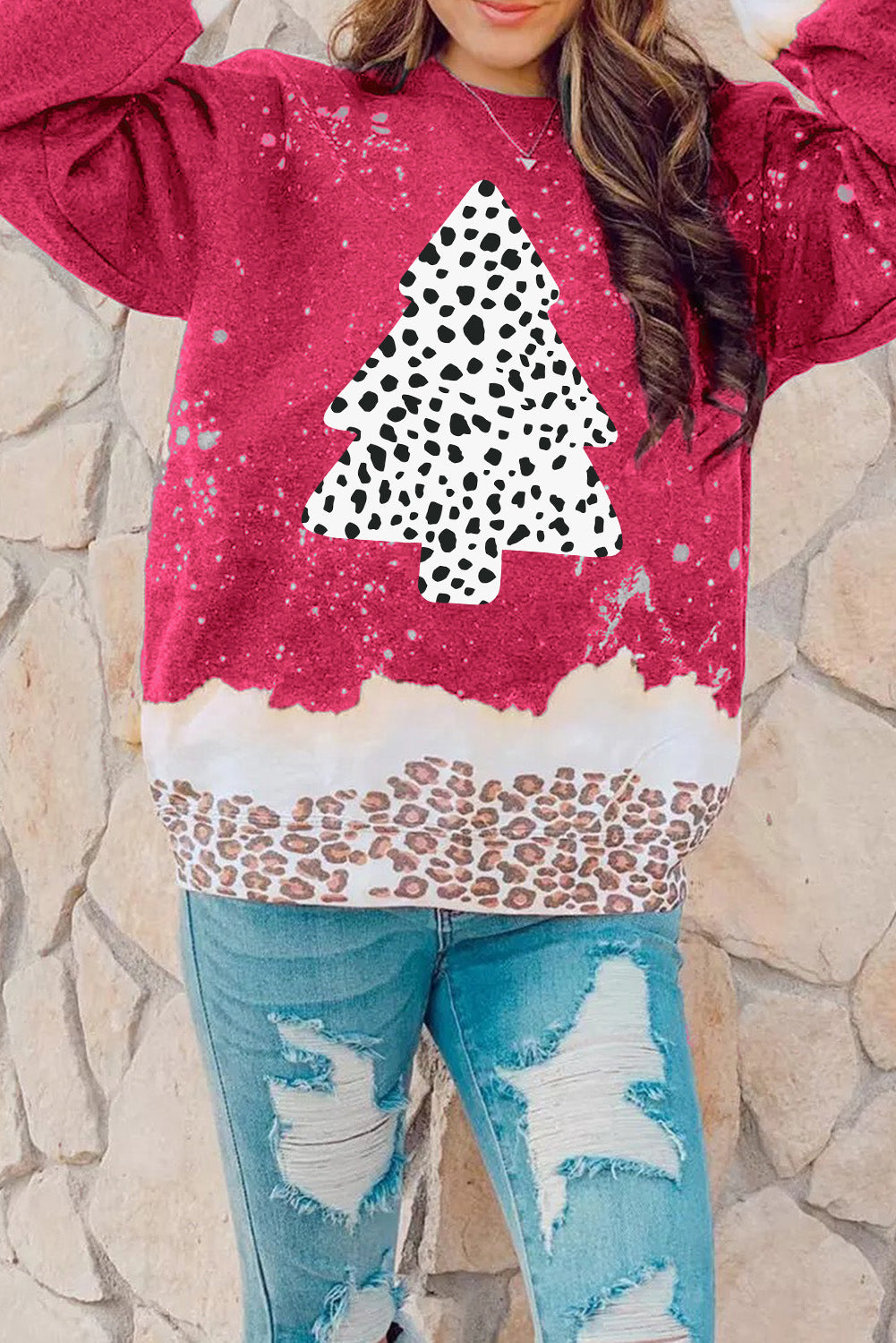 Red Leopard Bleached Pullover Sweatshirt