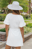 White Puff Sleeve Drawstring Shirt Dress with Pockets